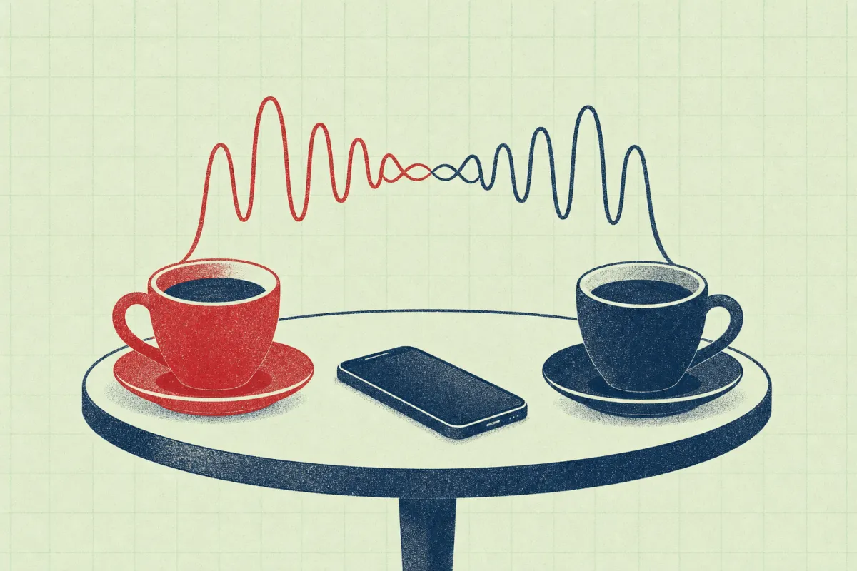 Tegning af to kaffekopper på et cafebord med en telefon imellem og to lydkurver over den